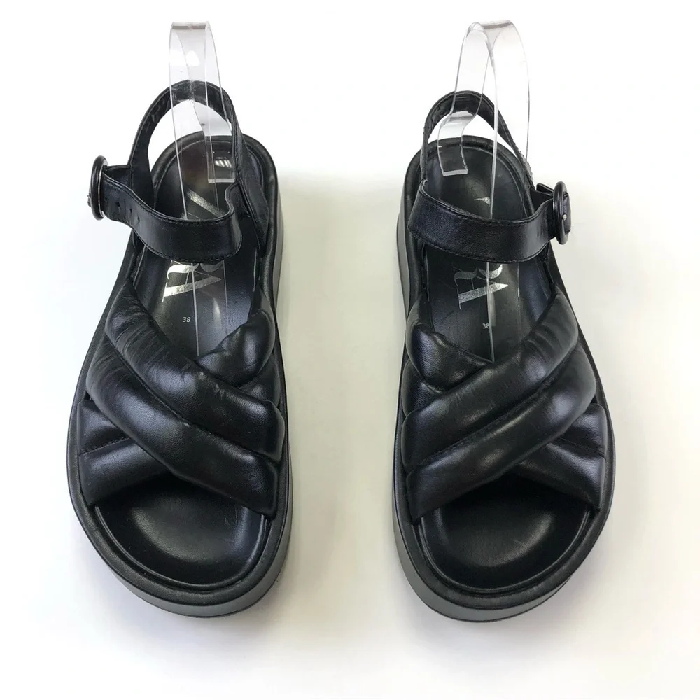 Zara black leather quilted puffy platform sandals Size 38 7.5 Minimalist - Picture 2 of 12